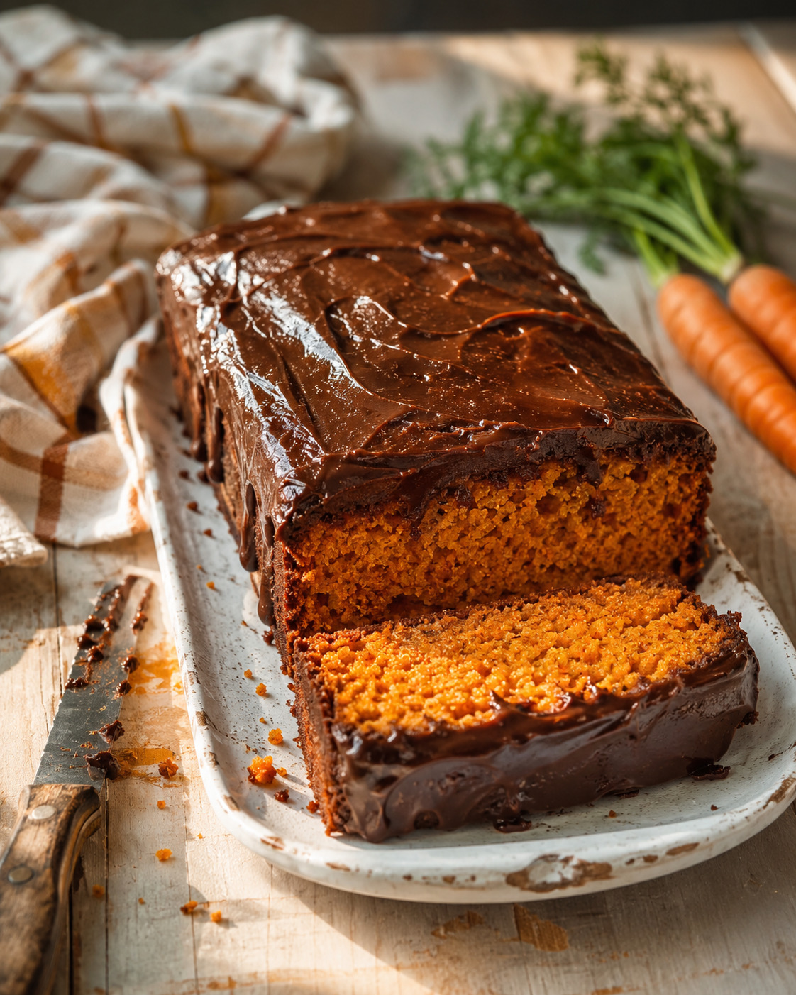 Bolo de cenoura retangular com cobertura de chocolate, com uma fatia cortada mostrando o miolo alaranjado