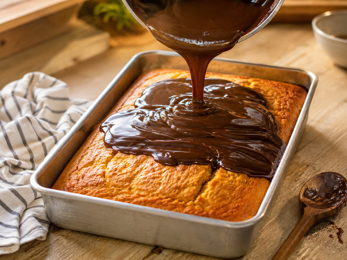 Cobertura de chocolate quente escorrendo sobre o bolo de cenoura ainda na forma